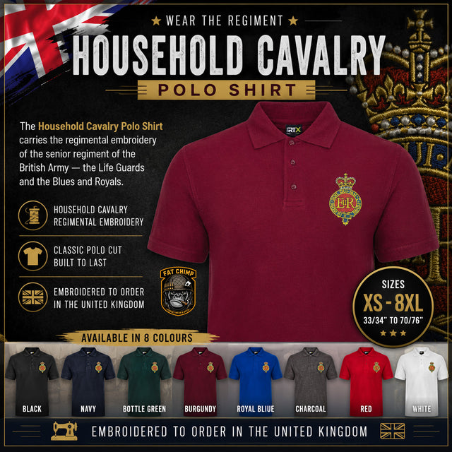 A promotional graphic for a Household Cavalry polo shirt. The main product shown is a maroon polo shirt with a gold regimental embroidery patch on the chest.