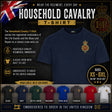 A promotional graphic for a Household Cavalry T-shirt. The main product shown is a navy blue crew-neck T-shirt with a gold and red embroidered crest on the left chest.