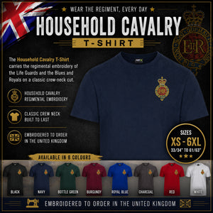 A promotional graphic for a Household Cavalry T-shirt. The main product shown is a navy blue crew-neck T-shirt with a gold and red embroidered crest on the left chest.