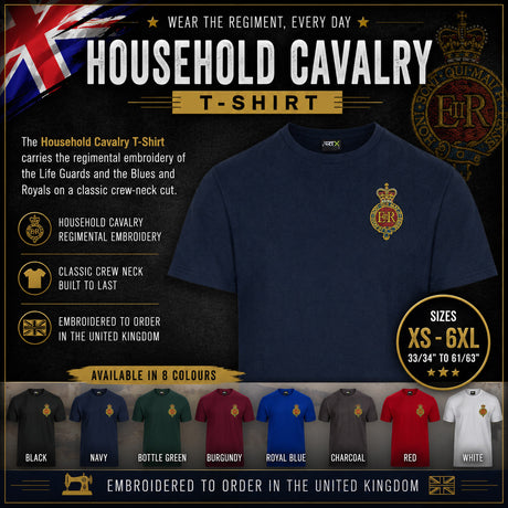A promotional graphic for a Household Cavalry T-shirt. The main product shown is a navy blue crew-neck T-shirt with a gold and red embroidered crest on the left chest.