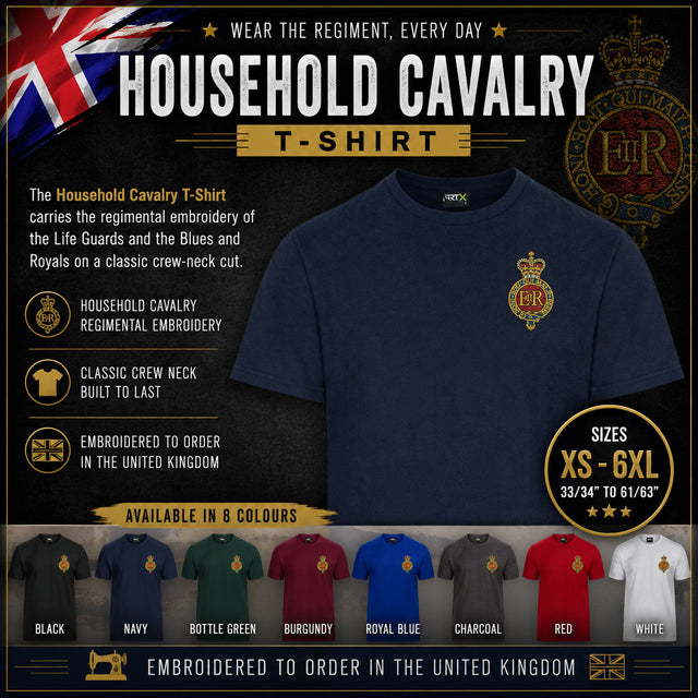 A promotional graphic for a Household Cavalry T-shirt. The main product shown is a navy blue crew-neck T-shirt with a gold and red embroidered crest on the left chest.