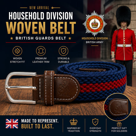 A woven British Household Division belt with brown leather trim and a silver buckle, shown in front of a dark promotional background featuring the words 'HOUSEHOLD DIVISION WOVEN BELT' and a soldier in a red uniform.