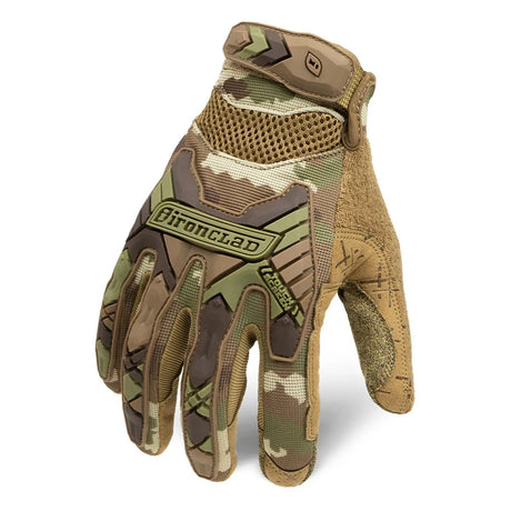 A single tactical glove in a camouflage pattern with tan mesh and suede-like panels, featuring the Bironclad brand name on the back of the hand, shown against a plain white background.