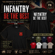 Promotional graphic for a double-print military T-shirt showing front and back views on a dark distressed background with Union Jack elements. The shirt design reads 'INFANTRY BE THE BEST' in large white and red text, with a small red shield emblem on the front chest.