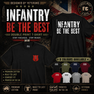 Promotional graphic for a double-print military T-shirt showing front and back views on a dark distressed background with Union Jack elements. The shirt design reads 'INFANTRY BE THE BEST' in large white and red text, with a small red shield emblem on the front chest.