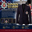 A promotional product graphic for a London Guards pin-striped regimental blazer. The jacket is shown front-facing on a dark background, with a second jacket and a ceremonial guard figure in costume behind it.