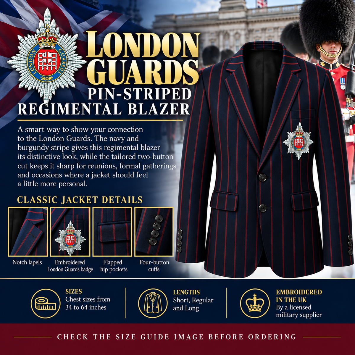 A promotional product graphic for a London Guards pin-striped regimental blazer. The jacket is shown front-facing on a dark background, with a second jacket and a ceremonial guard figure in costume behind it.
