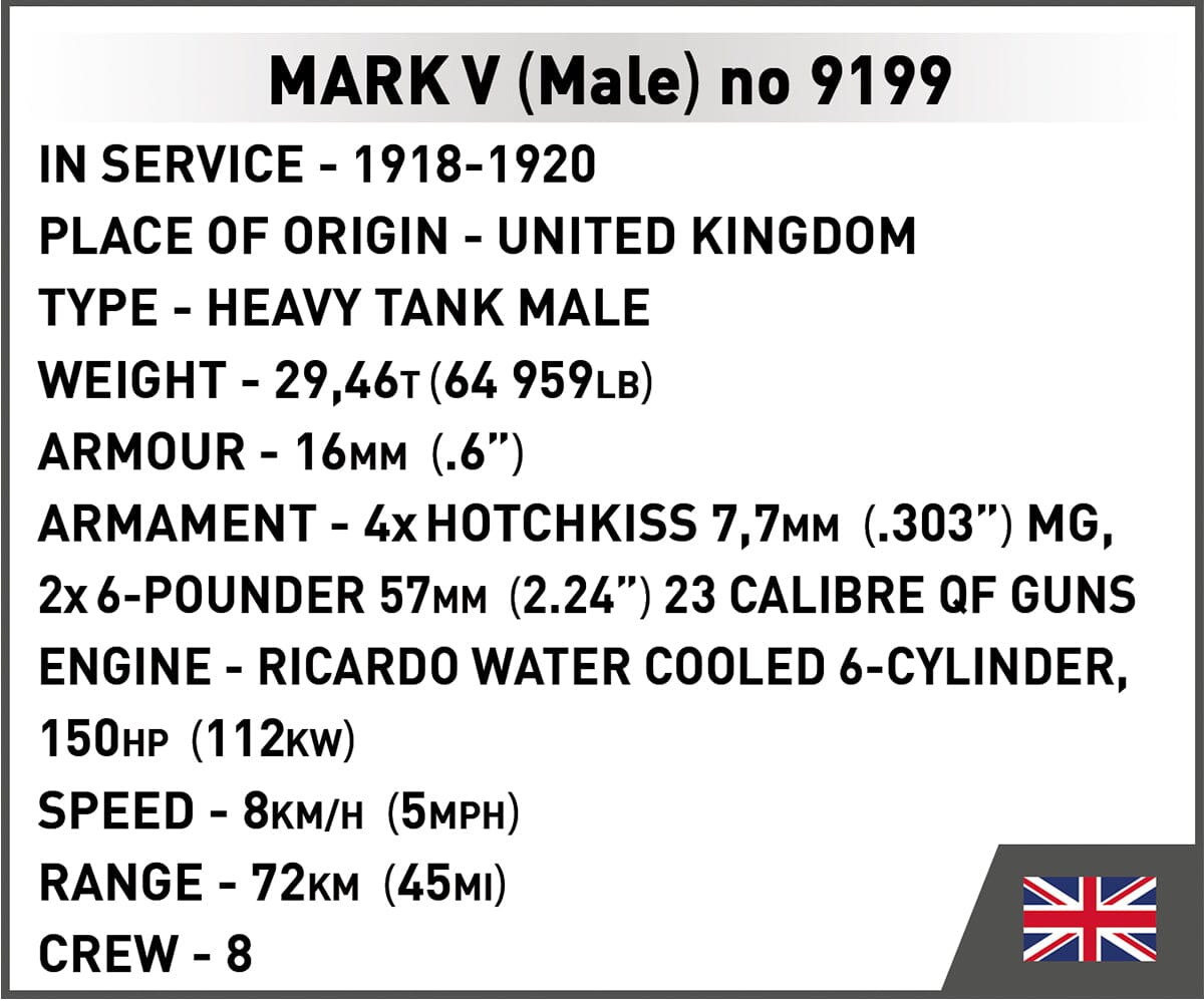 Mark V (Male) no. 9199 WWI brick model - COBI 2995 - 844 bricks