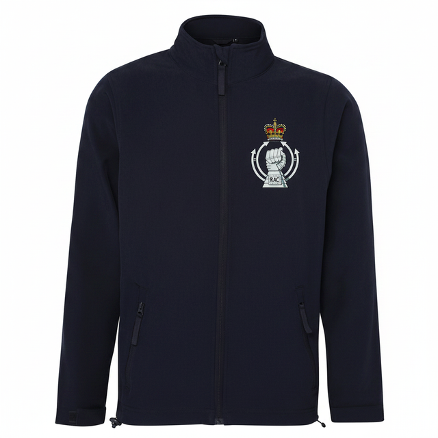 Navy soft shell jacket with embroidered Royal Armoured Corps badge on the left chest