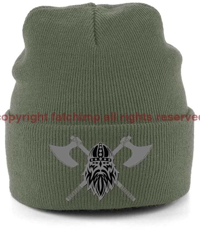 Never Surrender Embroidered Cuffed Beanie Hat Olive Green