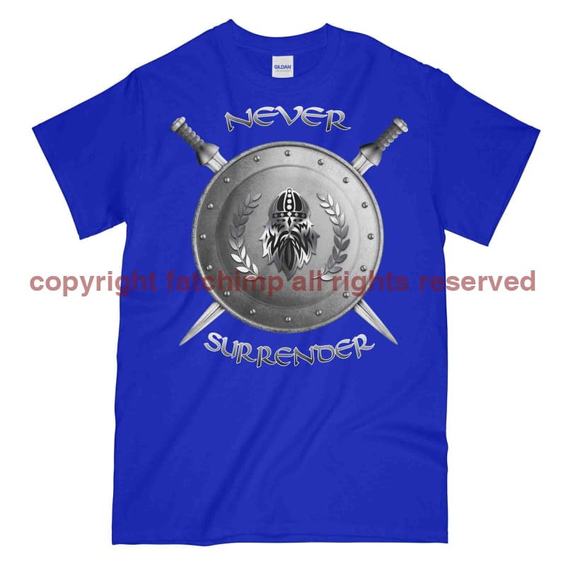 Never Surrender Shield And Swords Printed T-Shirt