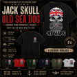 A promotional graphic for a Jack Skull Old Sea Dog double-sided printed t-shirt. The main product shown is a black t-shirt with a large graphic of a skull wearing a Union Jack headscarf and a grey beard, with 'OLD SEA DOG' printed below.