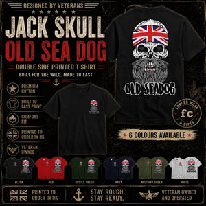 A promotional graphic for a Jack Skull Old Sea Dog double-sided printed t-shirt. The main product shown is a black t-shirt with a large graphic of a skull wearing a Union Jack headscarf and a grey beard, with 'OLD SEA DOG' printed below.