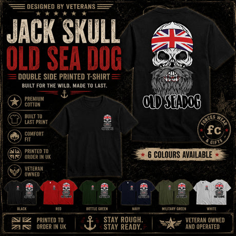A promotional graphic for a Jack Skull Old Sea Dog double-sided printed t-shirt. The main product shown is a black t-shirt with a large graphic of a skull wearing a Union Jack headscarf and a grey beard, with 'OLD SEA DOG' printed below.