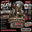 A promotional graphic for a novelty T-shirt design featuring a cartoon skull chef holding a sausage and a knife, with large text reading 'DEATH FROM WITHIN' and 'ONE FUKING SAUSAGE!'. The design also includes smaller shirt color options in white, blue, green, red, and black, plus marketing text such as 'NEW DESIGN!', 'AVAILABLE IN 6 COLOURS!', and 'SHOP NOW!'.