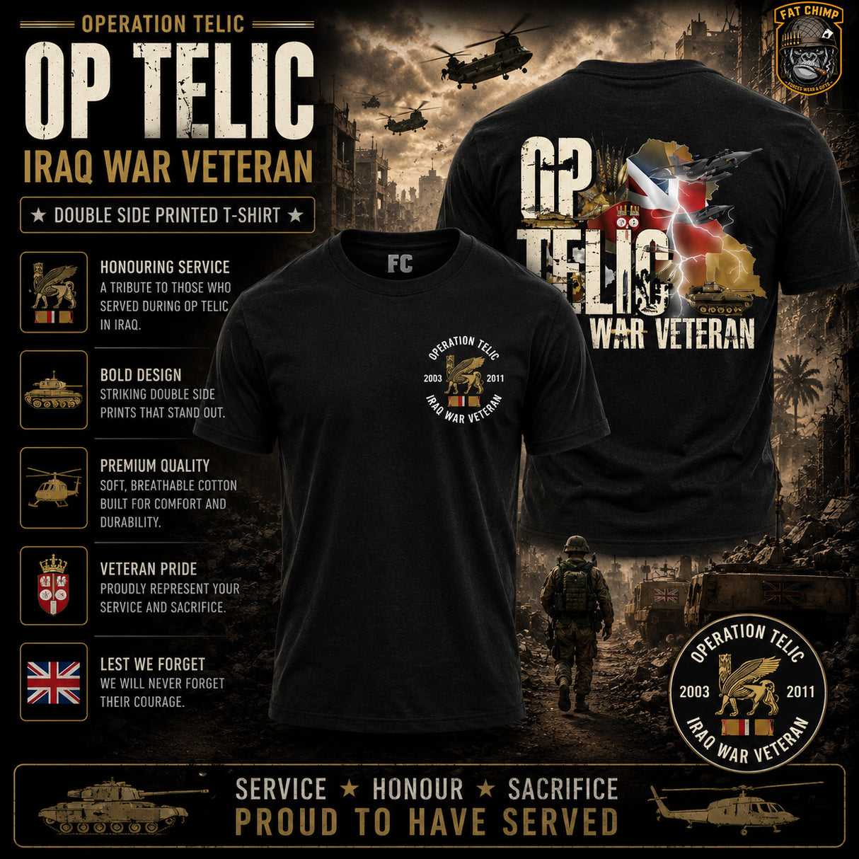 OP Telic Iraq War Zone Veteran Double Side Printed T-Shirt