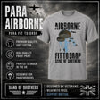 A light gray heathered t-shirt featuring a military 'Para Airborne' graphic with parachutists and lightning, displayed on a dark, dramatic background with promotional text overlays.