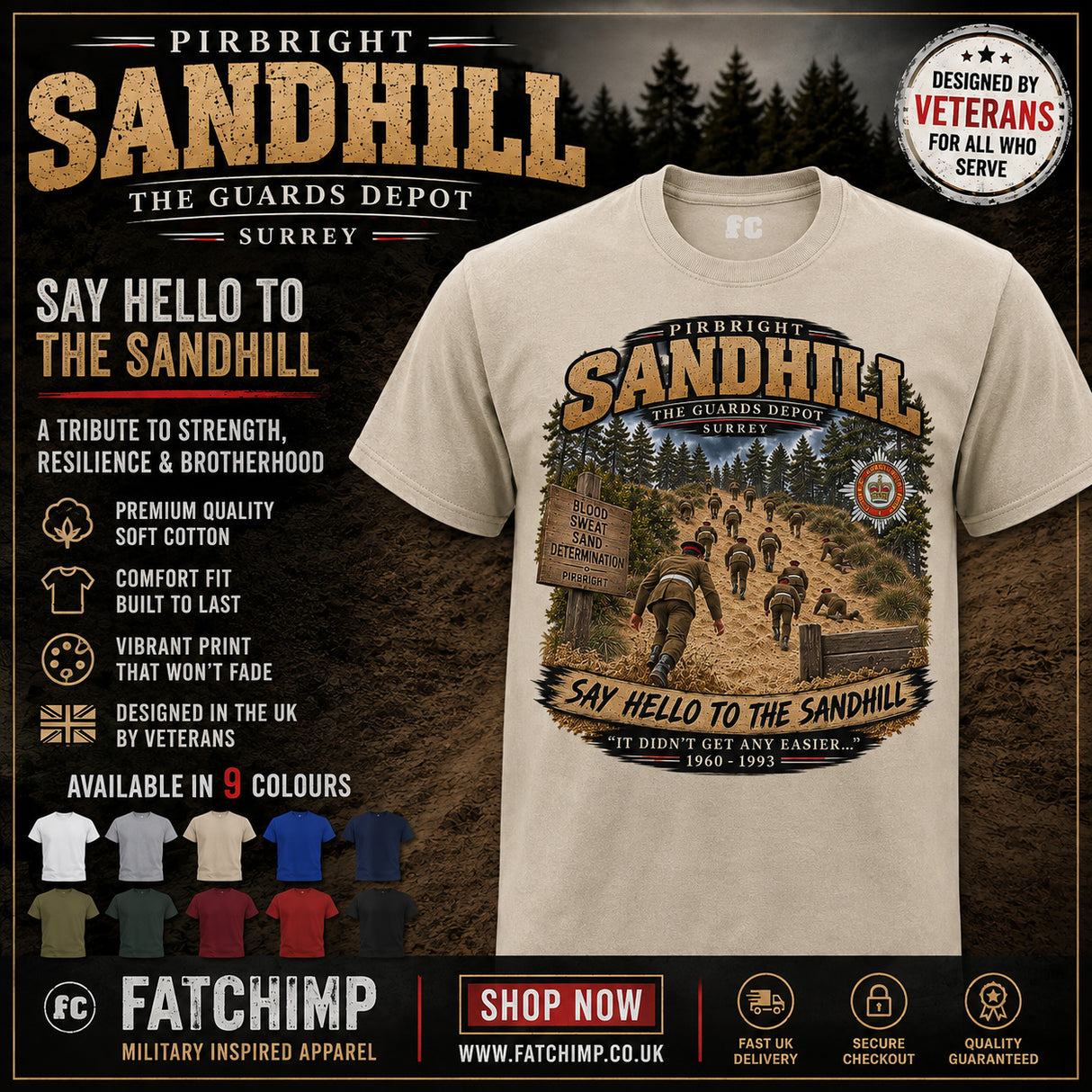 A beige graphic t-shirt displayed on a dark promotional background. The shirt features a large vintage-style military-themed graphic with the text 'Pirbright Sandhill' and 'Say Hello to the Sandhill' with a photo of soldiers on a trail.