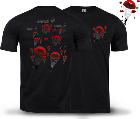 Black t-shirt with red parachutes design on front and back