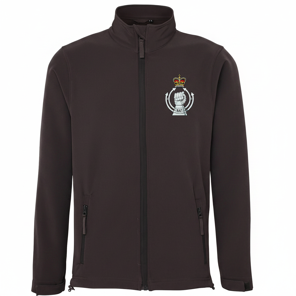 RAC badge on charcoal softshell