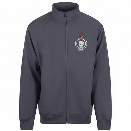 RAC badge on solid grey zipped jacket