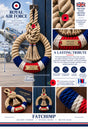 Royal Air Force themed rope wreath wall hanging shown on a dark blue wooden door, with product dimensions, close-up detail panels, and branding. The wreath is made of thick braided navy, white, and red rope with a red poppy and a small red, white, and blue ribbon.