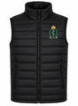 A black quilted zip-up puffer vest with a stand-up collar, featuring a green and gold Royal Army Medical Service crest embroidered on the left chest, displayed on a solid white background.