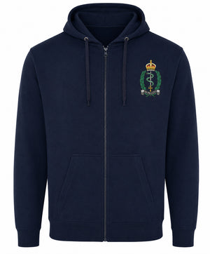 A navy blue zip-up hoodie with a drawstring hood and front pockets, featuring a embroidered Royal army medical services crest on the left chest.
