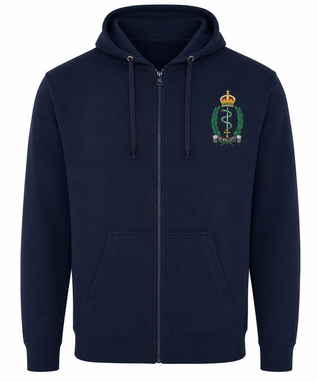 A navy blue zip-up hoodie with a drawstring hood and front pockets, featuring a embroidered Royal army medical services crest on the left chest.
