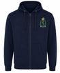 A navy blue zip-up hoodie with a drawstring hood and front pockets, featuring a embroidered Royal army medical services crest on the left chest.