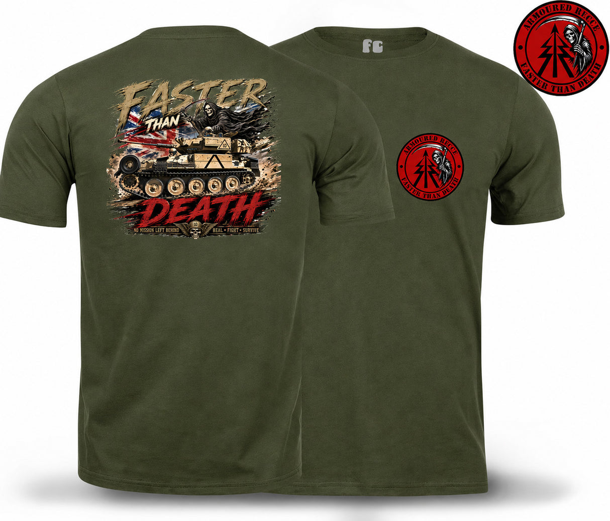 An olive green short-sleeve t-shirt shown from both the front and back. The back features a large graphic print with a tank, the words 'FASTER THAN DEATH', and a red and black military-style emblem.