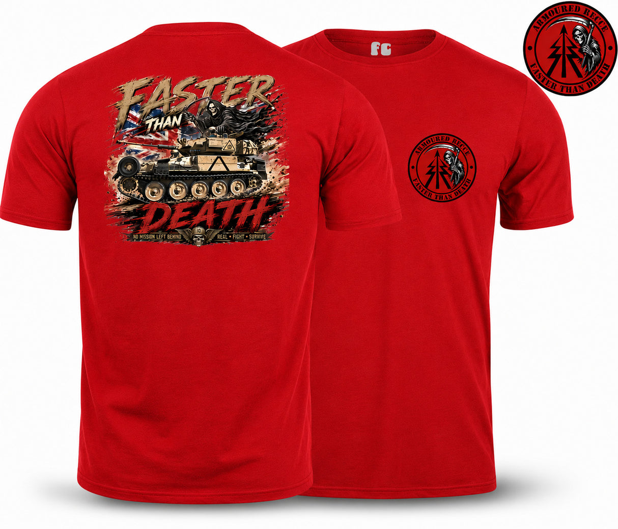 A red short-sleeve t-shirt shown from both the front and back. The back features a large graphic print of a military tank with the words 'FASTER THAN DEATH' in distressed lettering.