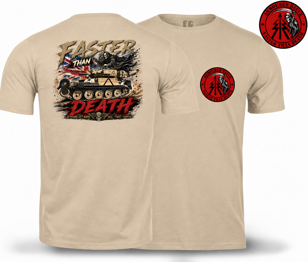 A beige short-sleeve t-shirt shown from both the front and back. The back features a large graphic print of a military tank with the words 'FASTER THAN DEATH' in distressed red and black lettering.