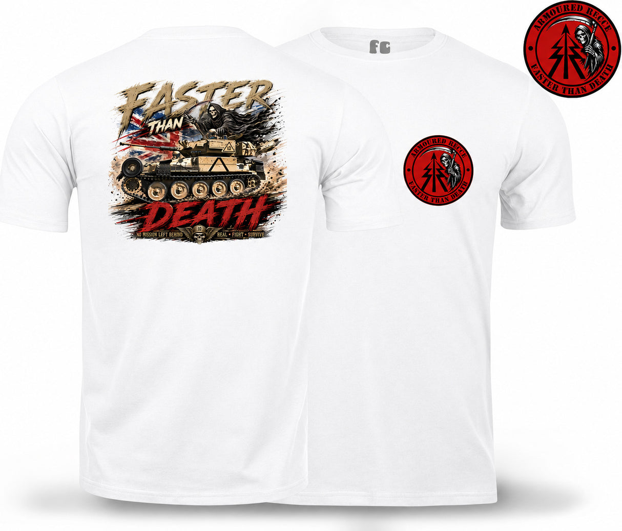 White short-sleeve t-shirt shown from the back and front, featuring a large graphic print on the back with a tank, the words 'FASTER THAN DEATH', and a red circular chest logo on the front.