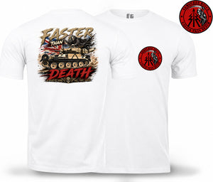 White short-sleeve t-shirt shown from the back and front, featuring a large graphic print on the back with a tank, the words 'FASTER THAN DEATH', and a red circular chest logo on the front.