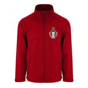 Red soft shell jacket with embroidered Royal Armoured Corps badge on the left chest