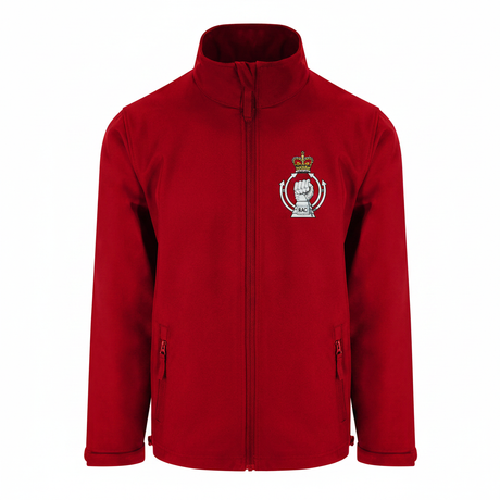 Red soft shell jacket with embroidered Royal Armoured Corps badge on the left chest