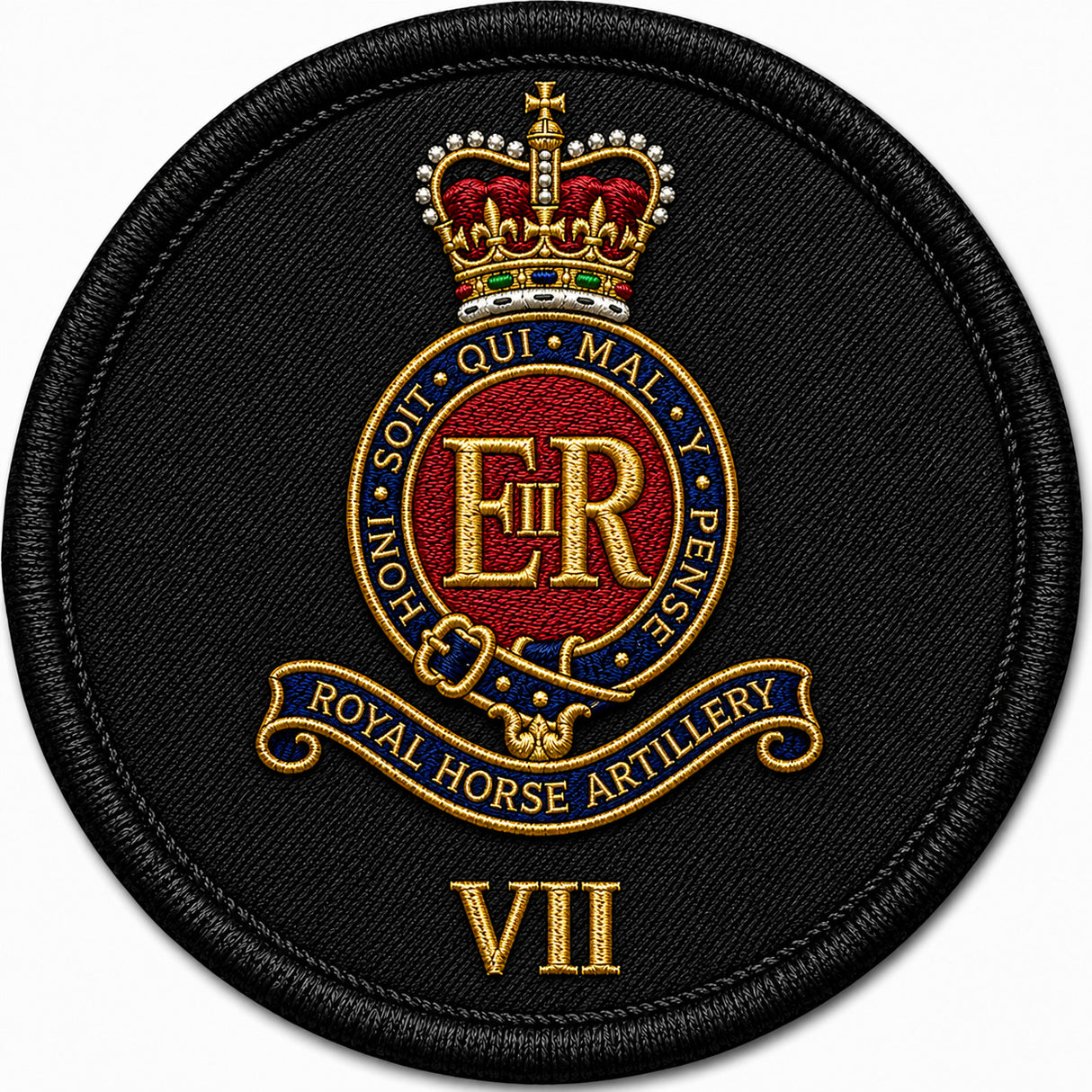 A circular embroidered patch featuring the Royal Horse Artillery VII insignia on a black fabric background. The design includes a gold crown, red and gold central crest with the letters ER, a blue scroll reading Royal Horse Artillery, and gold Roman numeral VII below.