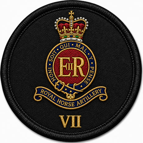 A circular embroidered patch featuring the Royal Horse Artillery VII insignia on a black fabric background. The design includes a gold crown, red and gold central crest with the letters ER, a blue scroll reading Royal Horse Artillery, and gold Roman numeral VII below.