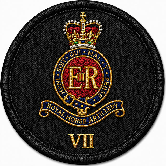 A circular embroidered patch featuring the Royal Horse Artillery VII insignia on a black fabric background. The design includes a gold crown, red and gold central crest with the letters ER, a blue scroll reading Royal Horse Artillery, and gold Roman numeral VII below.
