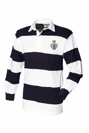 Royal Armoured Corps panelled rugby shirt in white and navy with embroidered badge