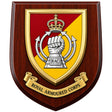 A shield-shaped wooden plaque featuring the Royal Armoured Corps (RAC) crest. The crest has a red and yellow diagonal background with a raised silver fist under a gold crown, mounted on a dark reddish-brown wood-grain plaque with a gold ribbon banner reading 'ROYAL ARMOURED CORPS'.