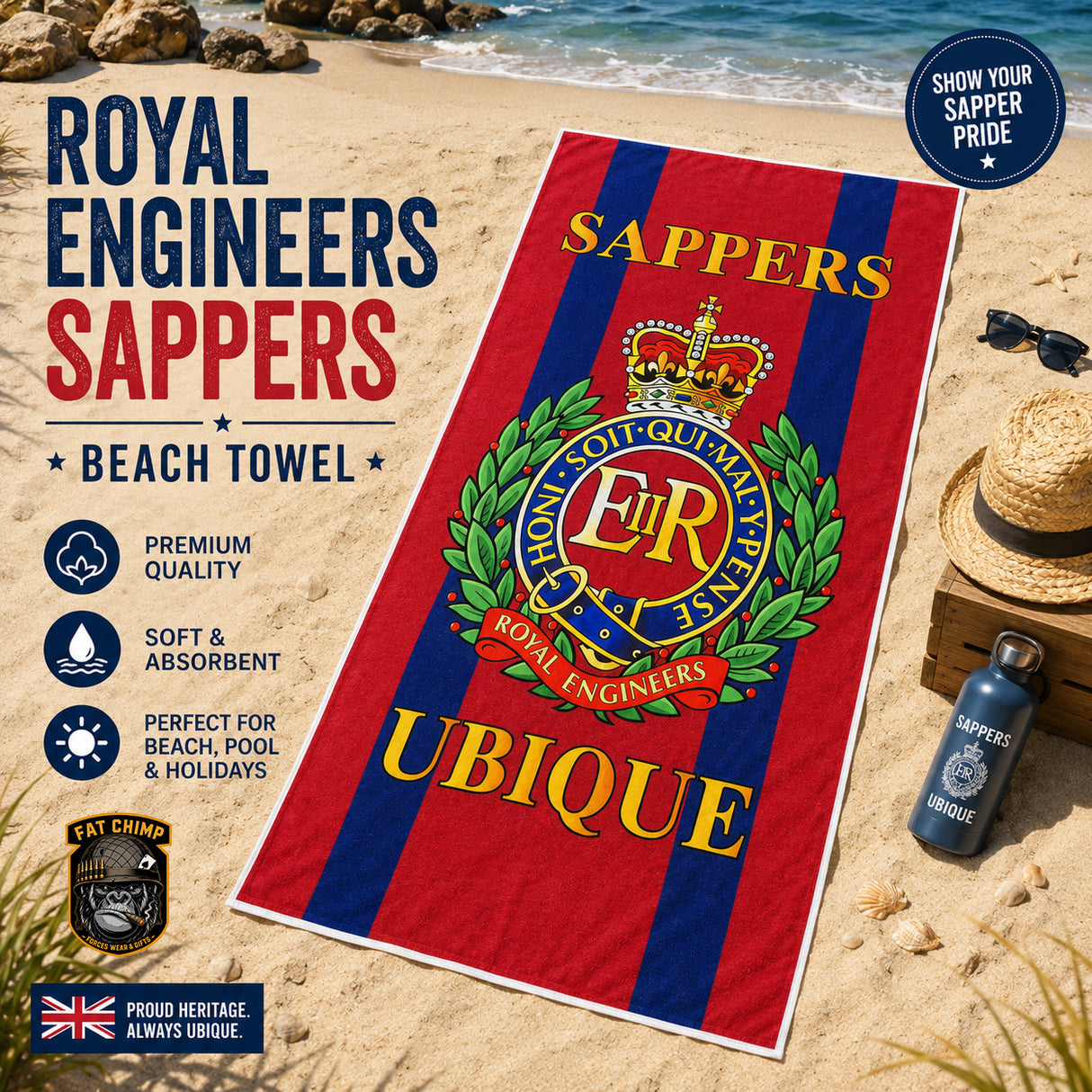 A Royal Engineers Sappers beach towel laid out on a sandy beach next to a straw hat, sunglasses, and a water bottle. The towel features red and navy blue vertical stripes with the Royal Engineers crest in the center and the word 'UBIQUE' printed in yellow at the bottom.