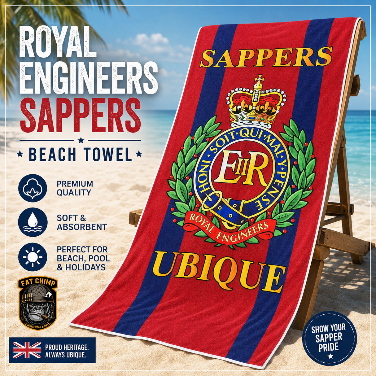A beach towel featuring the Royal Engineers Sappers UBique club crest, draped over a wooden beach chair on a sandy beach with ocean and palm trees in the background. The towel has red and dark blue vertical stripes with gold lettering and a green wreath.