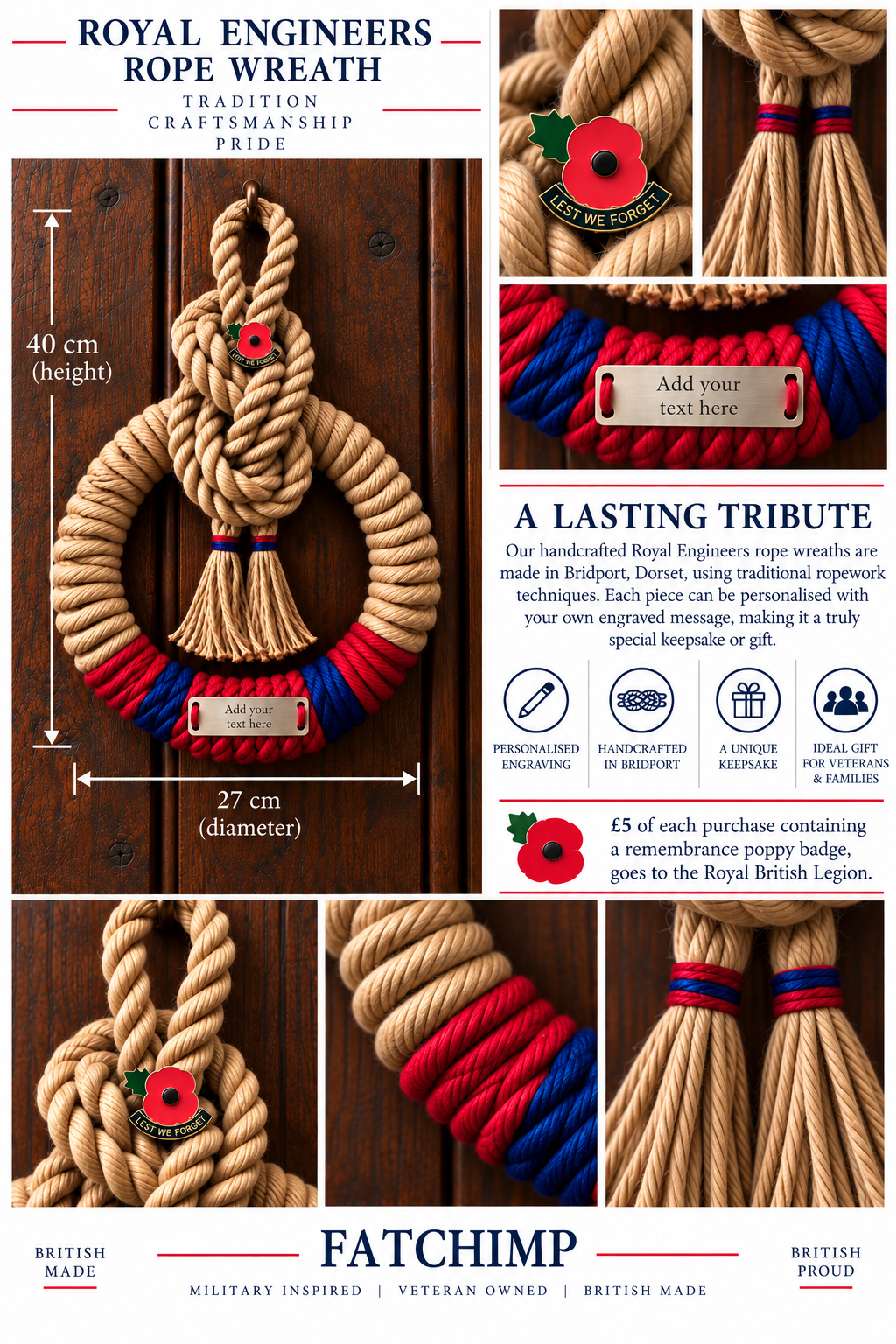 Royal Engineers rope wreath product collage on a dark wood background, showing the wreath with dimensions, close-up rope details, red poppy decorations, and promotional text including 'Fatchimp' and 'British Made'.