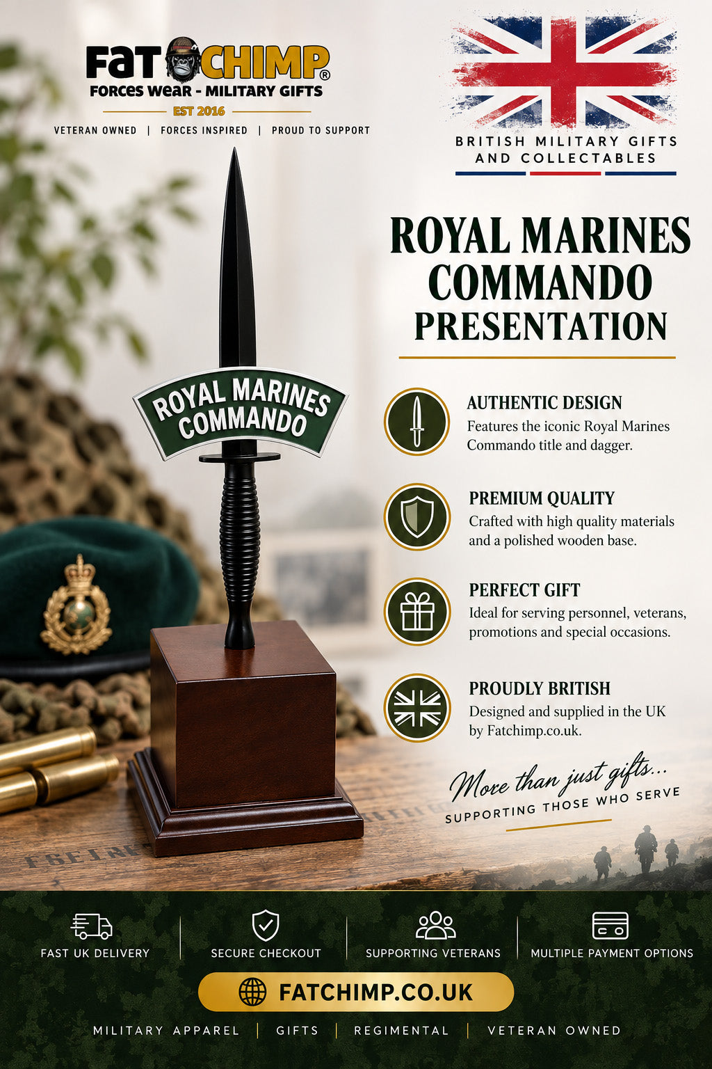 A promotional product image for a 'Royal Marines Commando Presentation' dagger from the brand Fat Chimp. The dagger features a polished steel blade with a green enamel and black ribbon 'Royal Marines Commando' insignia, mounted on a dark wooden presentation block.