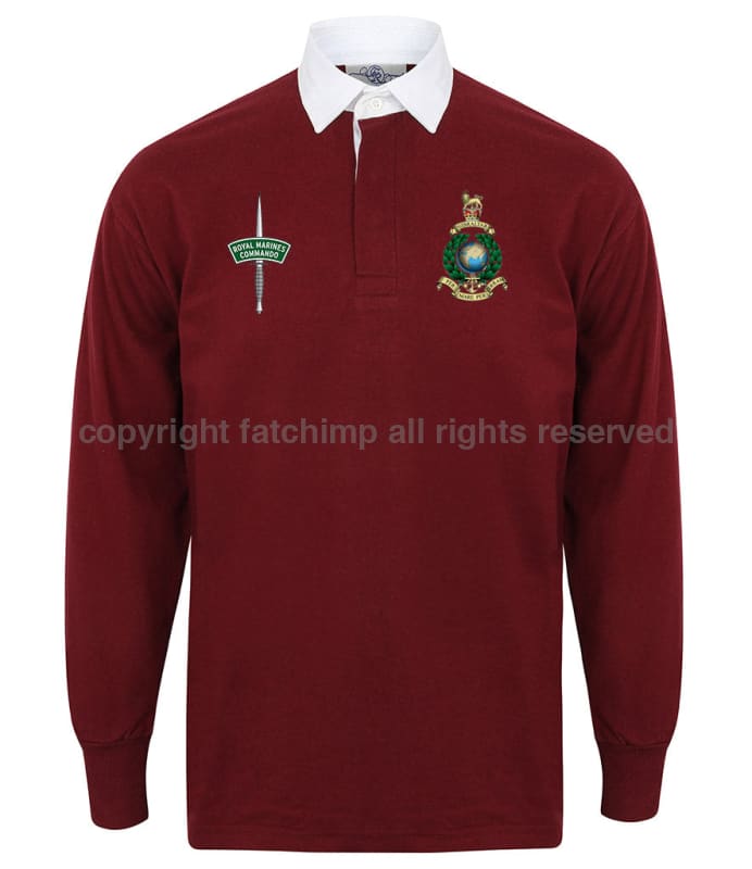 Royal Marines Long Sleeve Men’s Rugby Shirt Small - 36/38 Inch Chest / Deep Burgundy/White Collar