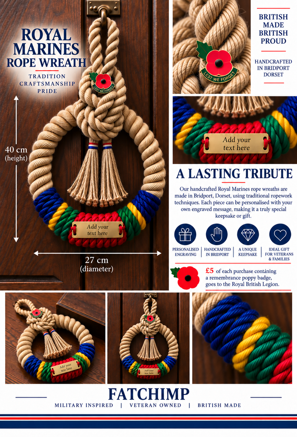 A promotional collage for a Royal Marines rope wreath, showing the finished rope wreath hanging on a wooden wall, close-up details, dimensions, and marketing text. The wreath is made of natural tan rope with red poppy ornaments, blue and green striped accents, and a small red-and-gold hanging tag.