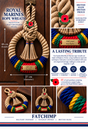 A promotional collage for a Royal Marines rope wreath, showing the finished rope wreath hanging on a wooden wall, close-up details, dimensions, and marketing text. The wreath is made of natural tan rope with red poppy ornaments, blue and green striped accents, and a small red-and-gold hanging tag.