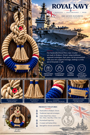 Royal Navy Handcrafted Commemorative Rope Wreath - Made in Dorset